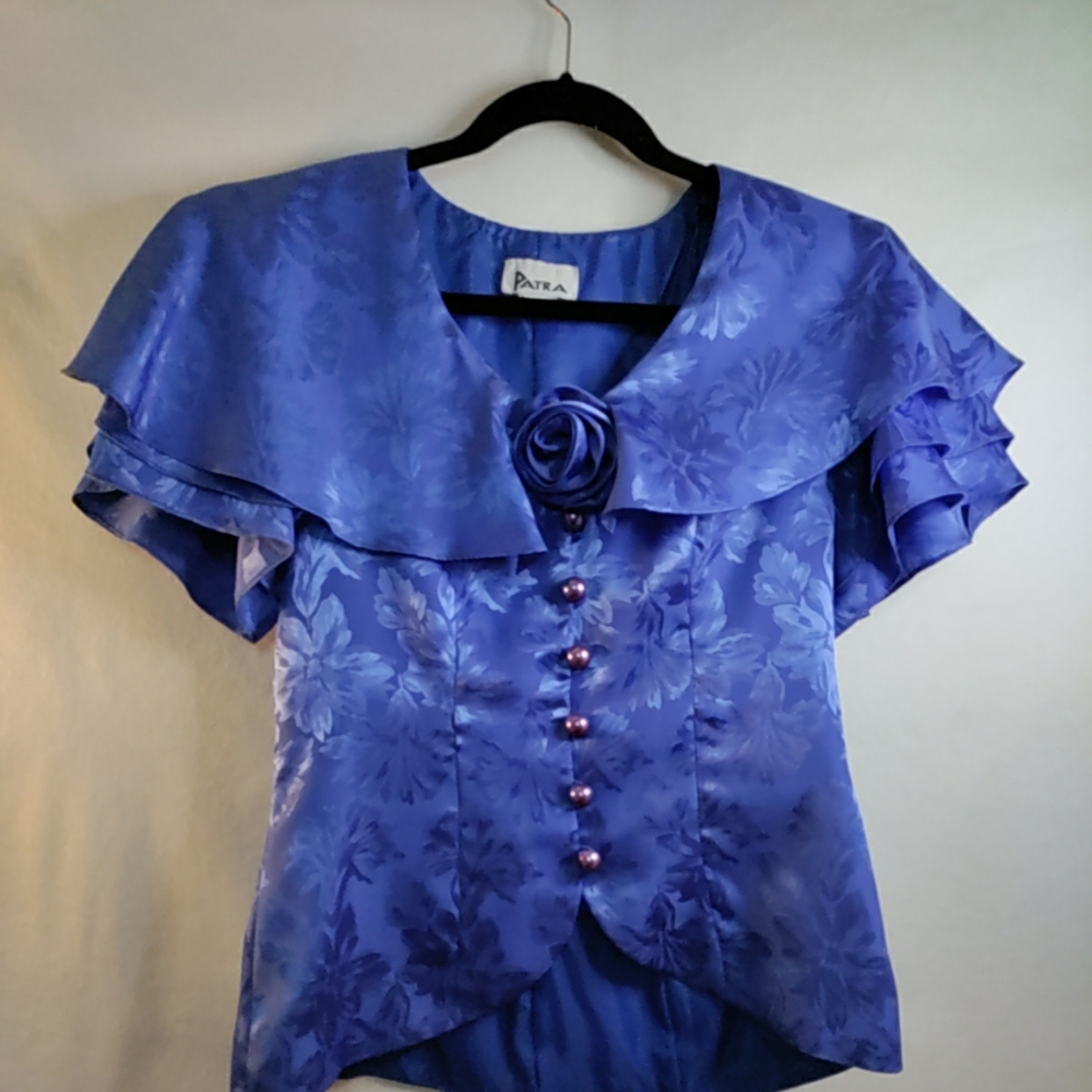 🎁Vintage Patra royal blue blouse women shoulder ruffles design button up S or M